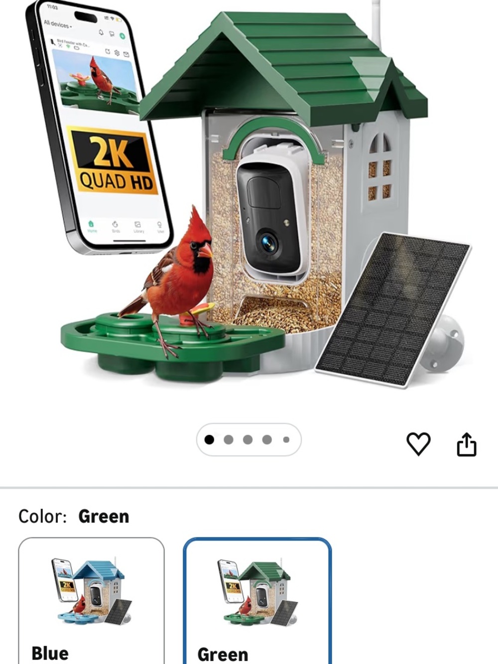 Green Solar Bird Feeder with 2K Wi‑Fi Camera - Wireless Birdhouse Security